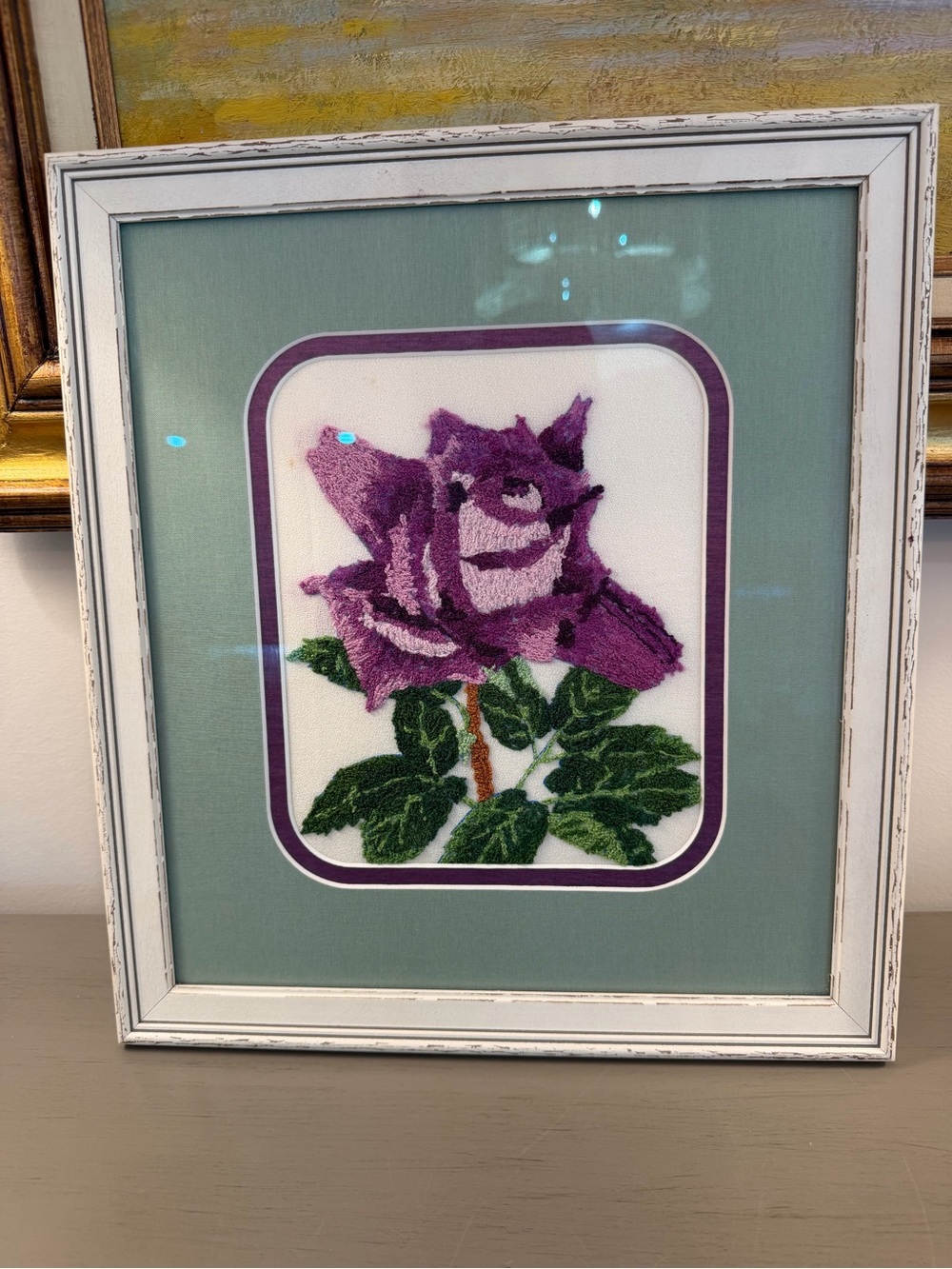 VINTAGE EMBROIDERED PURPLE ROSE IN WOODEN FRAME WITH GLASS DOUBLE MATTED
